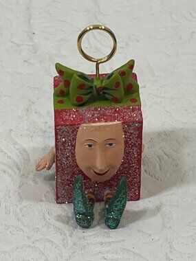 Whimsical Hand Painted Character in Christmas Present Bow Ornament Card Holder